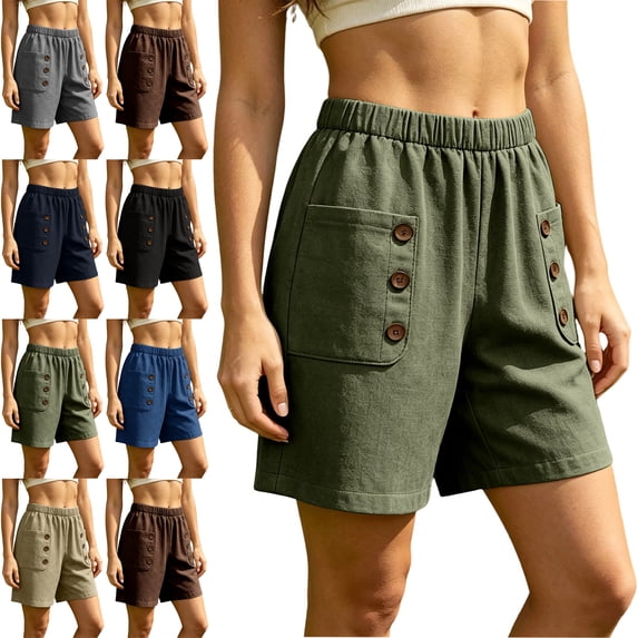 2026 Womens Summer Shorts with Pockets 100% Cotton High Waist Cargo Shorts Elastic Waist Buttoned Pockets