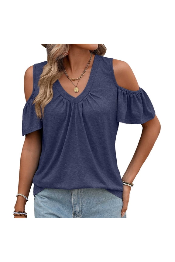 2026 Womens Summer Tops Cold Shoulder V-Neck Short Sleeve Ruffle Casual Loose Fit Tops