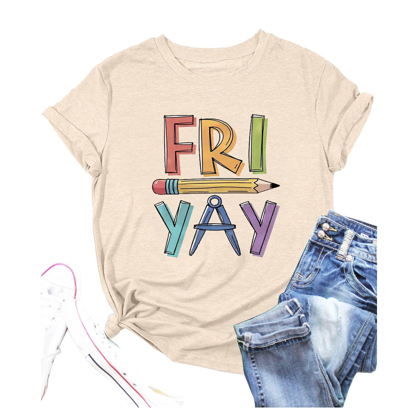 2026 Womens T Shirts Fashion Tops Casual Printed Round Neck Solid Color ...