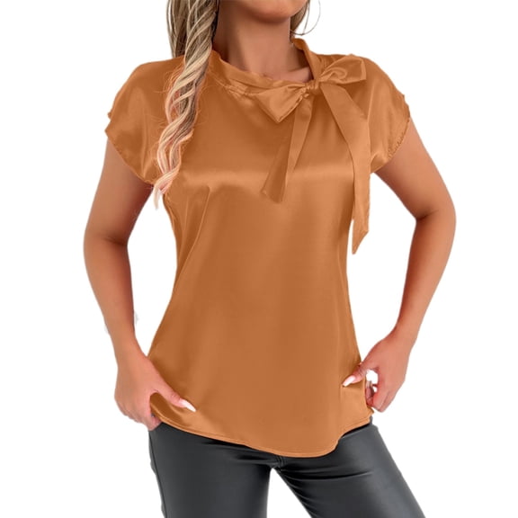 2026 Womens T Shirts Fashion Tops Elegant Bow Neck Satin Blouse Summer Spring Ribbon Collar Fall Fashion Y2K Clothes 2025