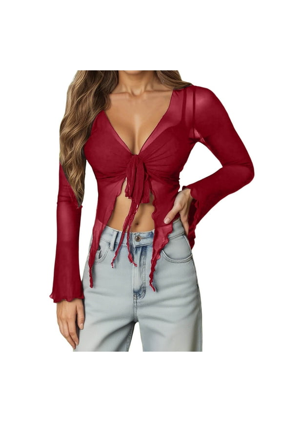 2026 Womens T Shirts Fashion Tops Gothic V Neck Long Sleeve Cropped Sheer Mesh Irregular Lace Up Workout Clothes Wine M