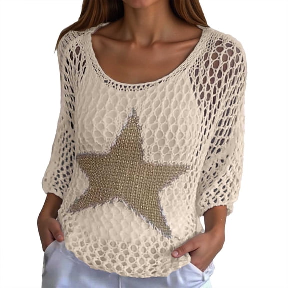 2026 Womens T Shirts Fashion Tops Knitted Sweater Five Point Star Round Neck Knitted Sweater Three Quarter Sleeve Dressy Casual Clothes
