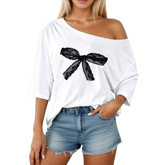 2026 Womens T Shirts Fashion Tops Lace Bow Print Off Shoulder Summer Short Sleeve Loose Fit Basic Slim Undershirts