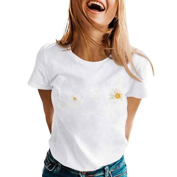 2026 Womens T Shirts Fashion Tops Letter Daisy Flower Print Short Sleeve Summer Dressy Casual Clothes
