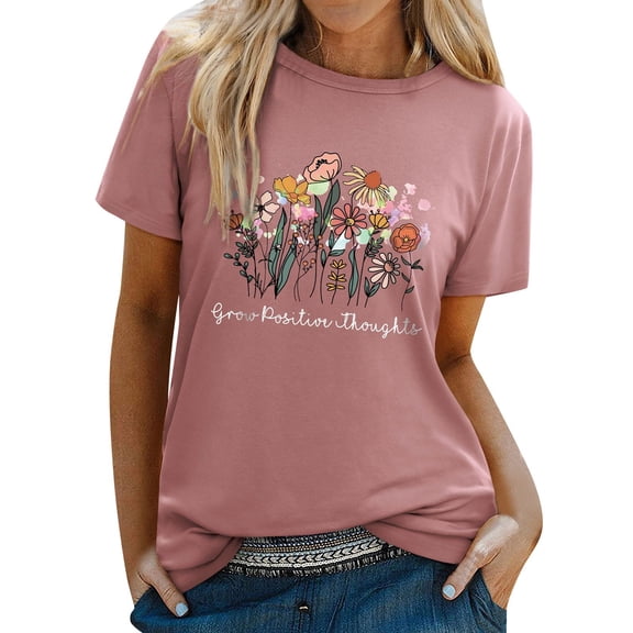 2026 Womens T Shirts Fashion Tops Round Neck Floral Print Short Sleeve Summer Y2k Clothes