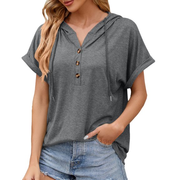 2026 Womens T Shirts Fashion Tops Short Sleeve Summer Loose Drawstring V Neck Button Hoodie 2025 Fall Outfits
