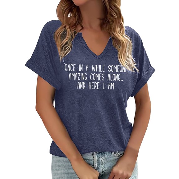 2026 Womens T Shirts Fashion Tops Short Sleeve V Neck Summer Letter Print Graphic Basic Slim Undershirts