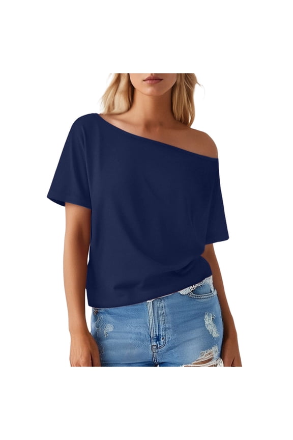 2026 Womens T Shirts Fashion Tops Solid Off Shoulder Cropped Slim Going Out Lightweight Outfits Clothes 2025