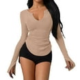 thumbnail image 1 of 2026 Womens T Shirts Fashion Tops Solis Basic Long Sleeve V Neck Pleated Waist Slit Workout Clothes Beige M, 1 of 5