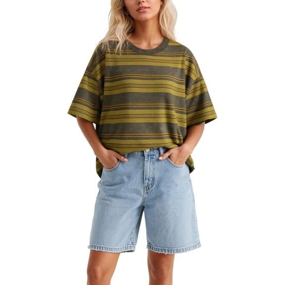 2026 Womens T Shirts Fashion Tops Unisex Striped Short Sleeve Loose Fit Round Neck Youth 2025 Fall Outfits