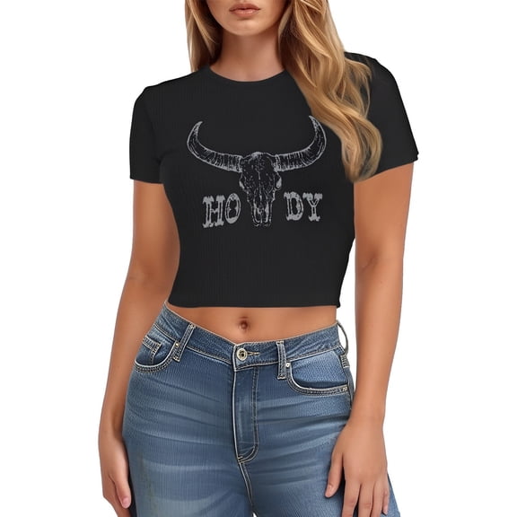 2026 Womens T Shirts Fashion Tops Western Graphic Cowboy Country Music Letter Cropped Basic Slim Undershirts