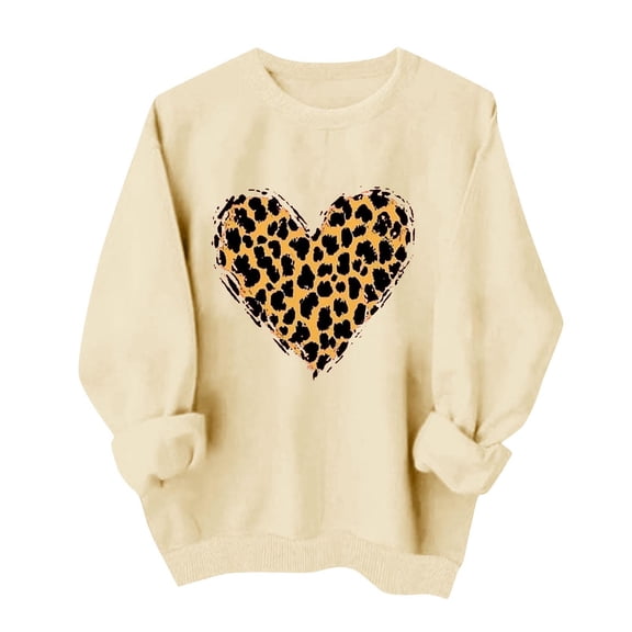2026 Womens Tops Girlfriend Heart Tee Leopard Round Neck Pullover Shirts Long Sleeved Valentines Outfits Cute Romance Party Clothing Soft Date Tees Casual Clothes