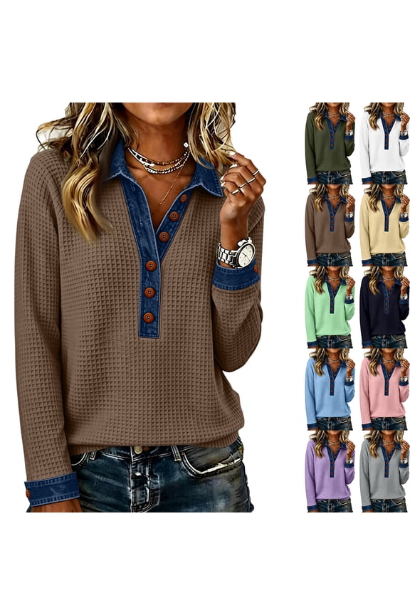 2026 Womens Waffle Knit Tops Long Sleeve Denim Patchwork Shirt Sweater Tunics