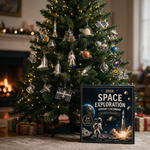 2026 Wood Carved Style Space Exploration Advent Calendar, 24Pcs Acrylic Space Themed Hanging Ornaments, Solar Sy Astronaut Christmas Countdown Calendar