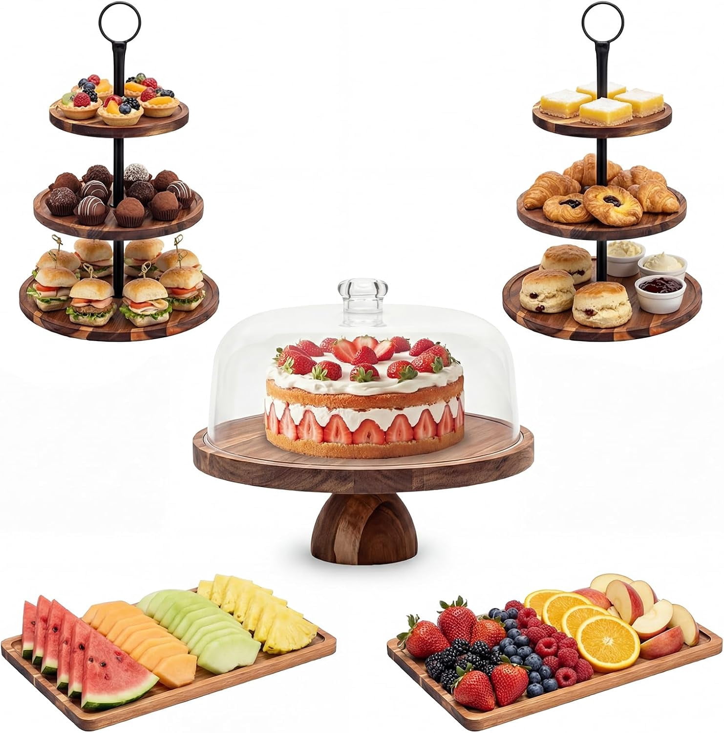 Dessert Presentation Rack 2026 Wooden Dessert Table Display Set,Acacia Wood Cake Stand with Dome ...