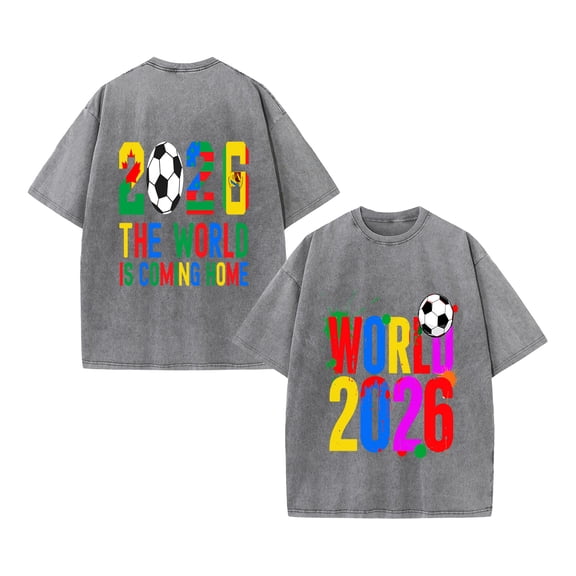 2026 World Football Cup Graphic T-Shirt for Men Women, Crew Neck Washed Cotton Short Sleeve Tee, Double Sided Soccer Print Casual Sport Top, Gray S