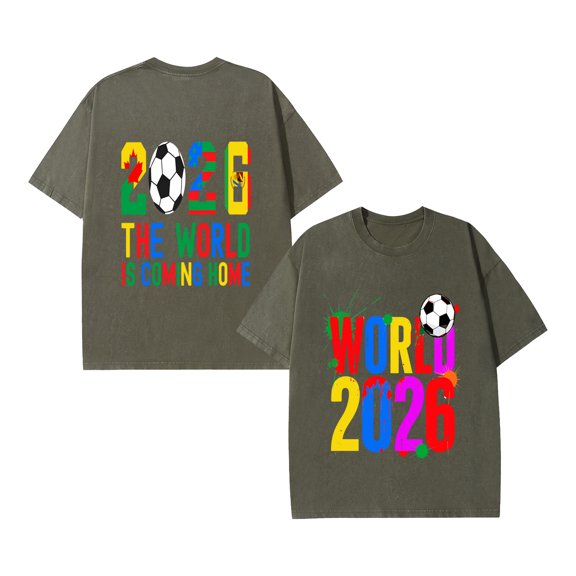 2026 World Football Cup Graphic T-Shirt for Men Women, Crew Neck Washed Cotton Short Sleeve Tee, Double Sided Soccer Print Casual Sport Top, Green M