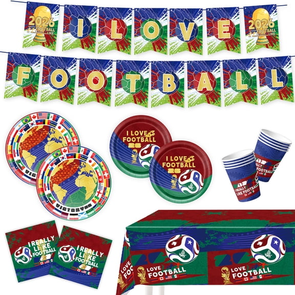2026 World Soccer Party Decorations, Party Kit with Tablecloth, Backdrop Banner, Cake Topper, Cutlery set for Party