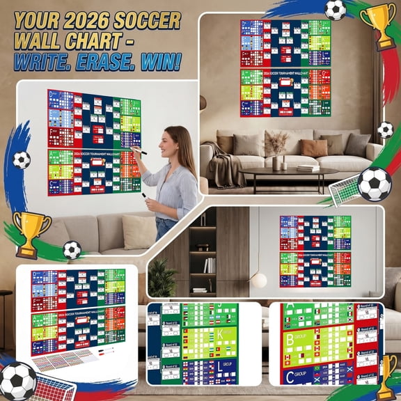 2026 World Soccer Tournament Schedule Wall Chart Set, 26.8x39in Interactive Reusable Match Tracking Posters with Markers & Country Flag Stickers for Bar Home Fan Party Decor