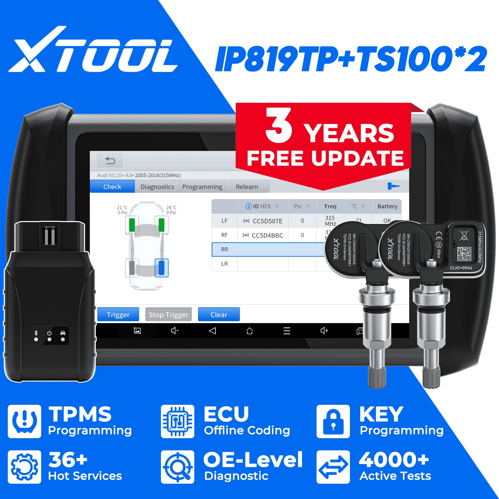 XTOOL IP819TP + 2PCS TS100 Sensors OBD2 Scanner Bluetooth TPMS Diagnostic Tool Full System Bidirectional Scan Tool, Activate/Relearn All Sensors, 39+ Services