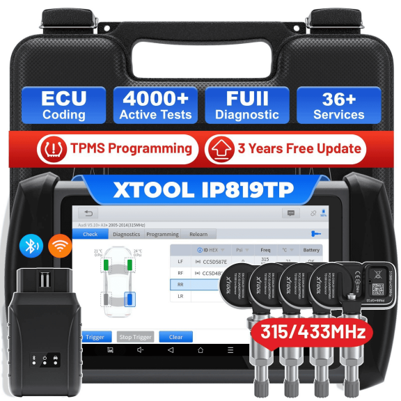 XTOOL IP819TP + 4PCS TS100 Sensors OBD2 Scanner Bluetooth TPMS Diagnostic Tool Full System Bidirectional Scan Tool, Activate/Relearn All Sensors, 39+ Services