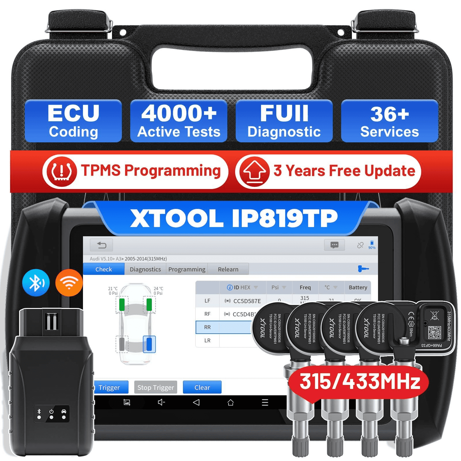 XTOOL IP819TP + 4PCS TS100 Sensors OBD2 Scanner Bluetooth TPMS Diagnostic Tool Full System Bidirectional Scan Tool, Activate/Relearn All Sensors, 39+ Services