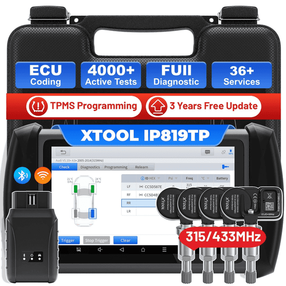 XTOOL IP819TP + 4PCS TS100 Sensors OBD2 Scanner Bluetooth TPMS Diagnostic Tool Full System Bidirectional Scan Tool, Activate/Relearn All Sensors, 39+ Services