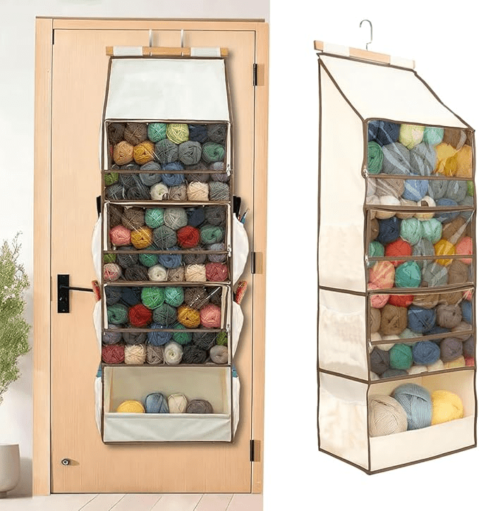 2026 Yarn Heaven Storage Bag – Large Capacity Hanging Yarn Storage Organizer with 4 Clear Zipper Closure Compartments Pockets & 3 Side Crochet/Knitting Needles Pockets Tool Crochet Bag for Crafters