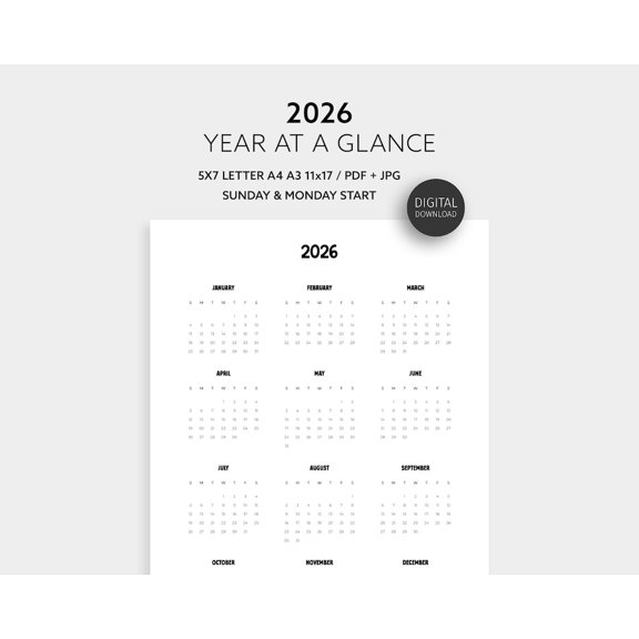 2026 Year At A Glance Calendar, One Page Yearly Calendar, Annual Wall Planner, 5X7 Letter A4 A3 11X17 Tabloid, Sunday Monday Start Home Decor, 8x12 UNFRAMED