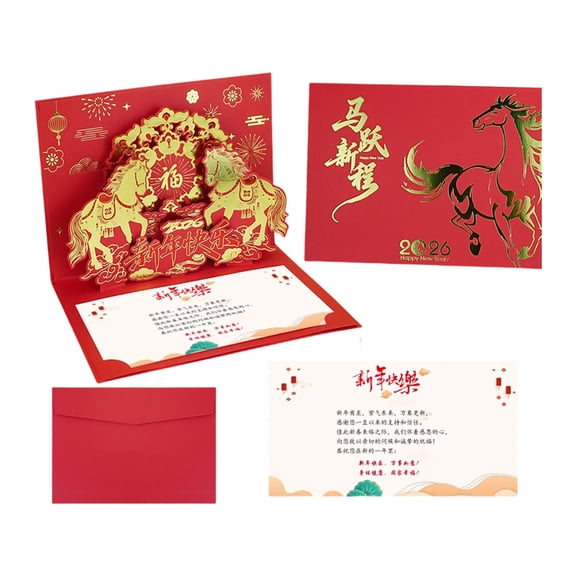 2026 Year of Horse 3D Lunar New Year Greeting Card with Envelopes, Handcrafted Spring Festival Decorations & Symbolic Blessings, Perfect for Family and Friends