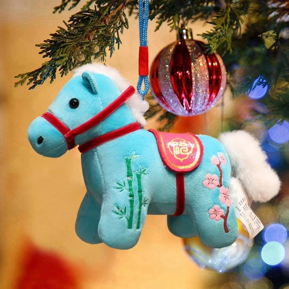2026 Year of The Horse Chinese New Year Ornaments Cute House Plush Mascot Figurine Home Decor Gifts Indoor Outdoor Hanging Ornament for Car, Bag, Holiday(Light Blue)