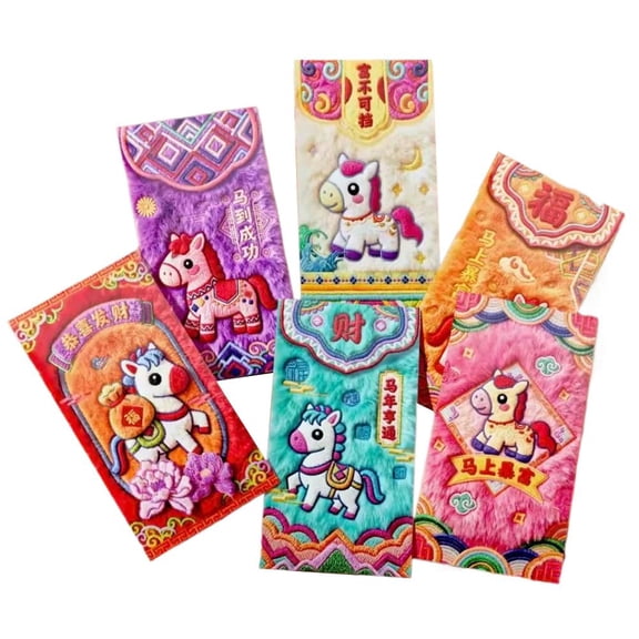 2026 Year of the Horse Chinese New Year Red Envelopes, Exquisite Imitation Flat Embroidery Hong Bao for Spring Festival, Wedding & Birthday Party, 6.5x3.34 Inches,Random Styles (6)