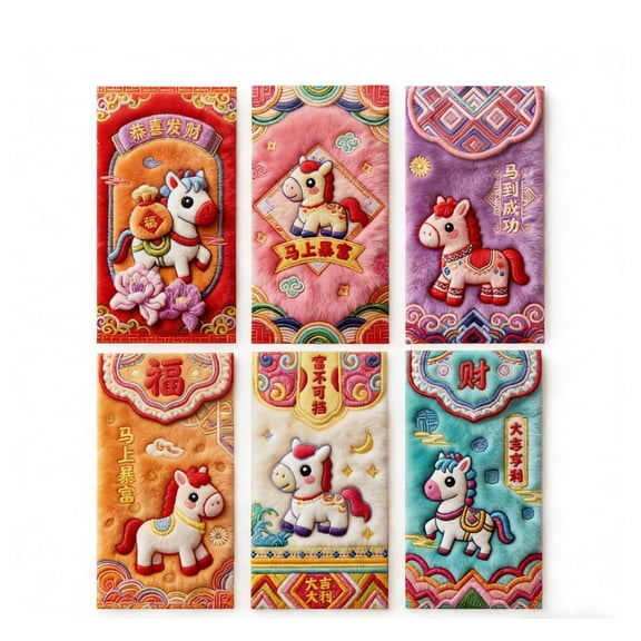 2026 Year of the Horse Chinese New Year Red Envelopes,Exquisite Imitation Flat Embroidery Hong Bao for Spring Festival, Wedding & Birthday Party, 6.69x3.54 Inches,Random Styles(A)