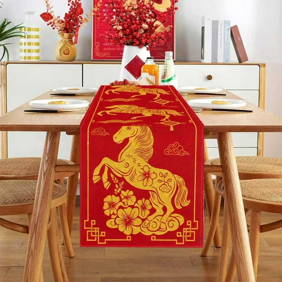 2026 Year of the Horse Chinese New Year Table Runner, Table Runner, Table Decor, 1 Piece 120x33cm Linen for Holiday Kitchen and Dining, for Family Gatherings, Festive Decorations, C