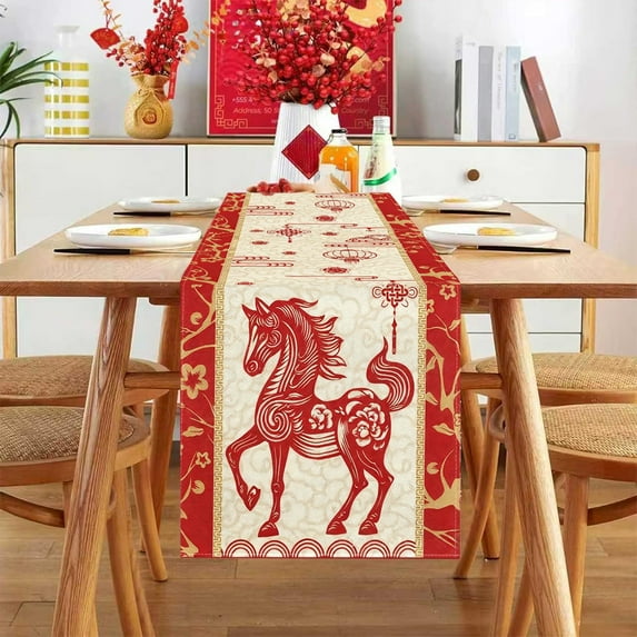 2026 Year of the Horse Chinese New Year Table Runner, Table Runner, Table Decor, 1 Piece 120x33cm Linen for Holiday Kitchen and Dining, for Family Gatherings, Festive Decorations, A