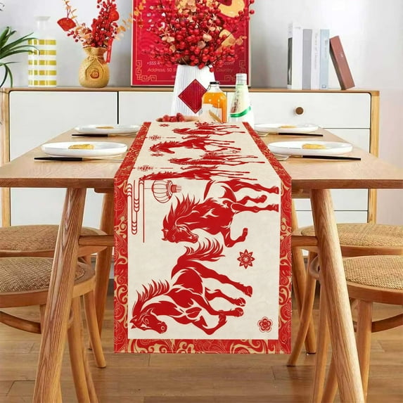 2026 Year of the Horse Chinese New Year Table Runner, Table Runner, Table Decor, 1 Piece 120x33cm Linen for Holiday Kitchen and Dining, for Family Gatherings, Festive Decorations, D