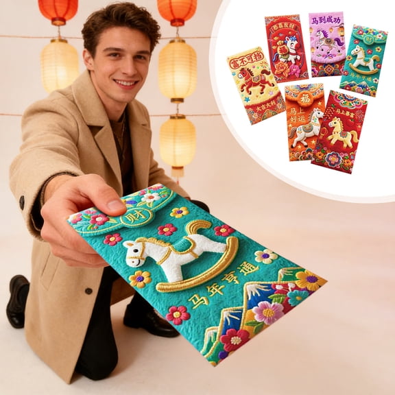 2026 Year of the Horse Red Envelopes Set of 6,Thickened 3D Embossed Lunar New Year Money Packets,Traditional Chinese Spring Festival Gift for Family Celebrations