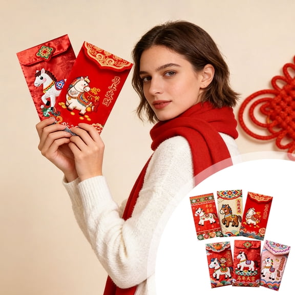 2026 Year of the Horse Red Envelopes Set of 6, Thickened Lunar New Year Hong Bao with Gold Embossing, Spring Festival Blessed Money Packets for Gifting and Celebrations