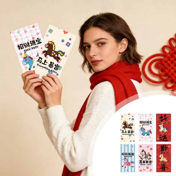 2026 Year of the Horse Red Envelopes Set of 6, Thickened Lunar New Year Hong Bao with Gold Embossing, Spring Festival Blessed Money Packets for Gifting and Celebrations