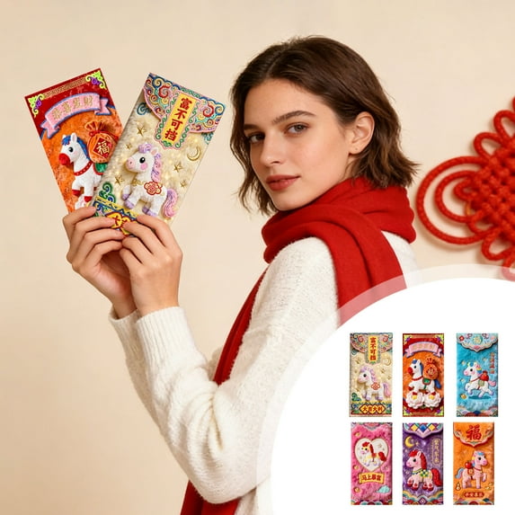 2026 Year of the Horse Red Envelopes Set of 6, Thickened Lunar New Year Hong Bao with Gold Embossing, Spring Festival Lucky Money Packets for Gifting and Celebrations