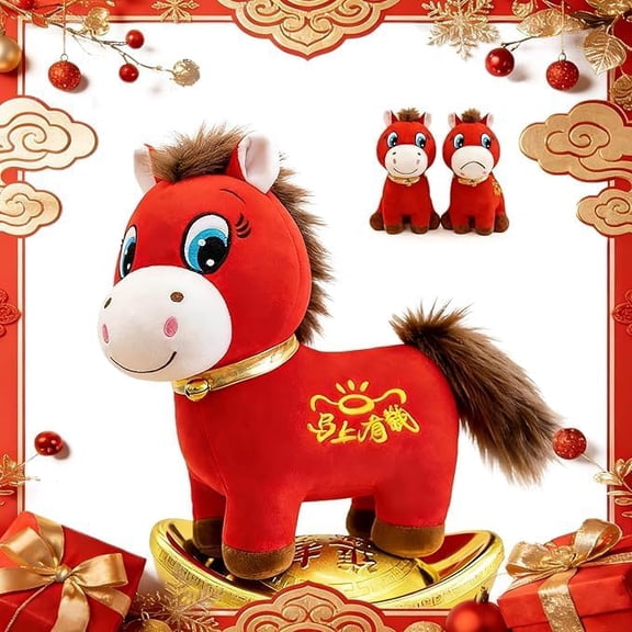 2026 Year of The Horse Stuffed Animals - Chinese New Year Plush Mascot Decorations, Red Zodiac Horse Plush Ornaments, Lunar New Years Gifts Blessing Souvenir (Laughing Horse-11.8in)