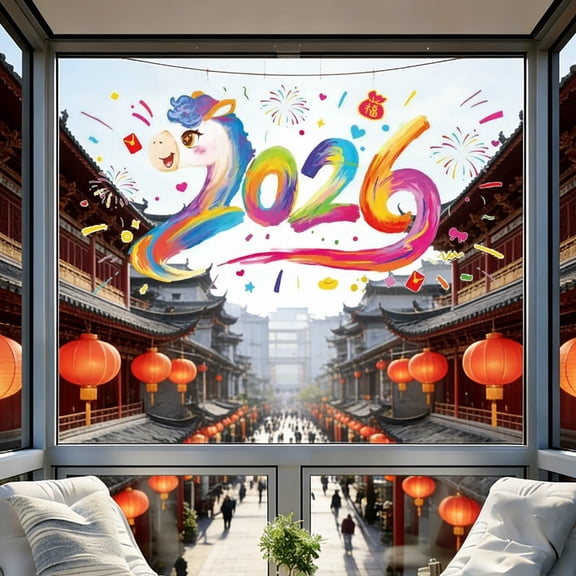 2026 Year of the Horse Window Stickers | Electrostatic Adhesive-Free Glass Decals | Double-Sided Translucent PET Film | Includes 1 Pack with Auspicious Horse & Fu Character Designs