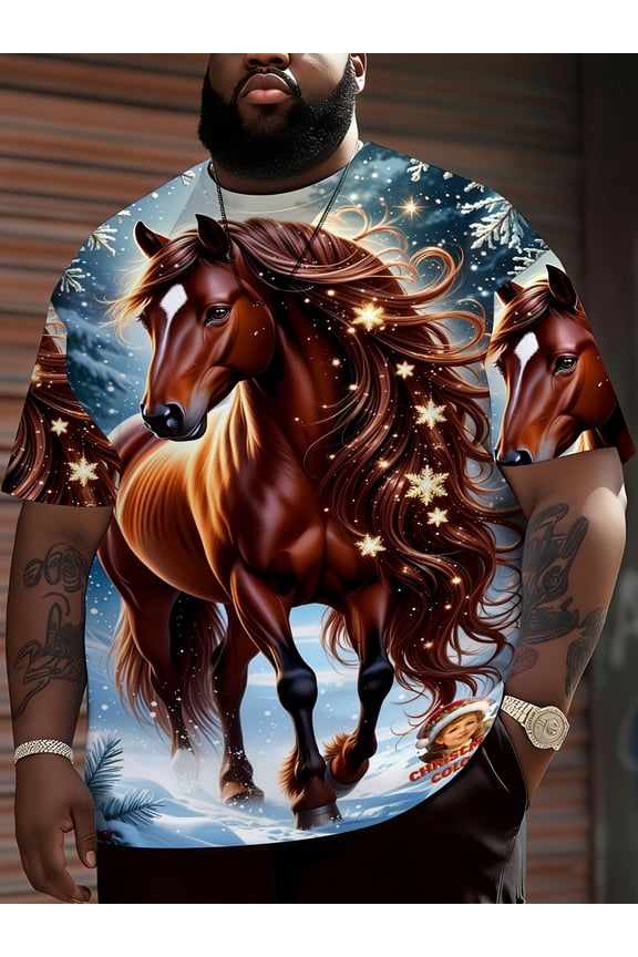 2026 Year of the Horse up the ante men's T-shirt, Christmas-themed design with starry sky winter background, decorated with a horse pattern, brown horses jump on it, plus size