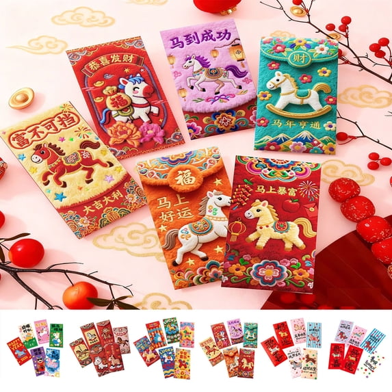 2026 Year of Red Thickened Red Envelopes, Set of 6 – Embossed Lunar New Year Spring Festival Hong Bao for Gifting, Weddings, Celebrations, Fits US Cash