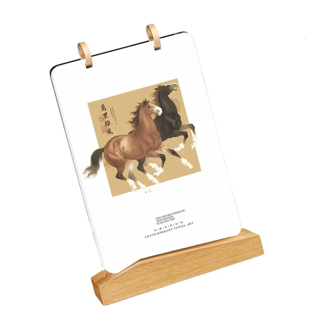 2026 Year of Horse Calendar 2026 Desktop Monthly Flipping Calendar With Acrylic and Wooden Display Stand for Home Office