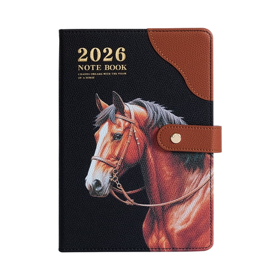 2026 Year of the Horse Leather Cover Notebook, A5 Leather Binding Buckle Horizontal Line Notebook, Bookmark Notepad Cover, Weekly Planner (Coffee)