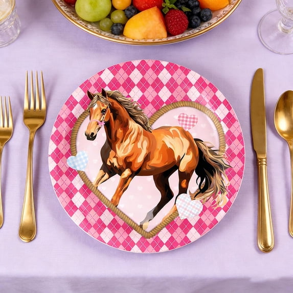 2026 Year of the Horse Paper Plates - Pink Checkered Racing Horse Design, 7 Inch Disposable Party Dinner Plates, Themed Tableware