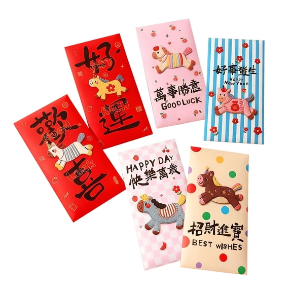 2026 Year of the Horse Red Envelopes 6PCS, 3D Embossed Thickened Felt & Paper Lucky Money Hong Bao for Spring Festival Gifting and Home Decor