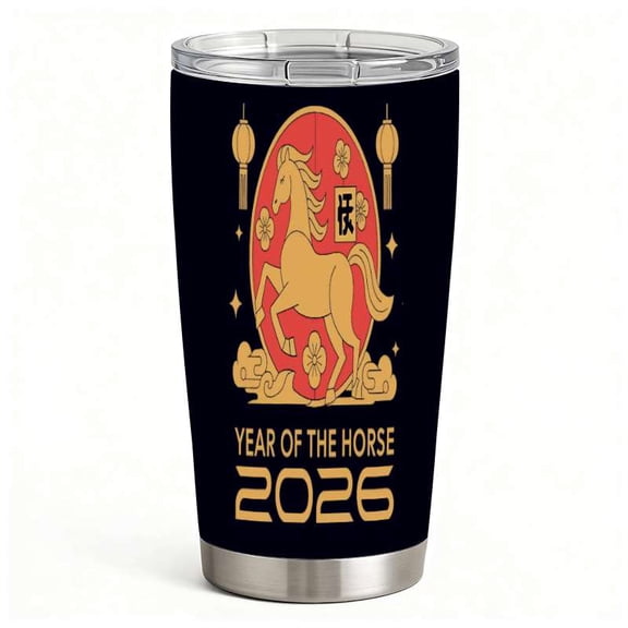 2026 Year of the Horse Stainless Steel Insulated Tumbler with Lid, Lunar New Year Horse Design Cup