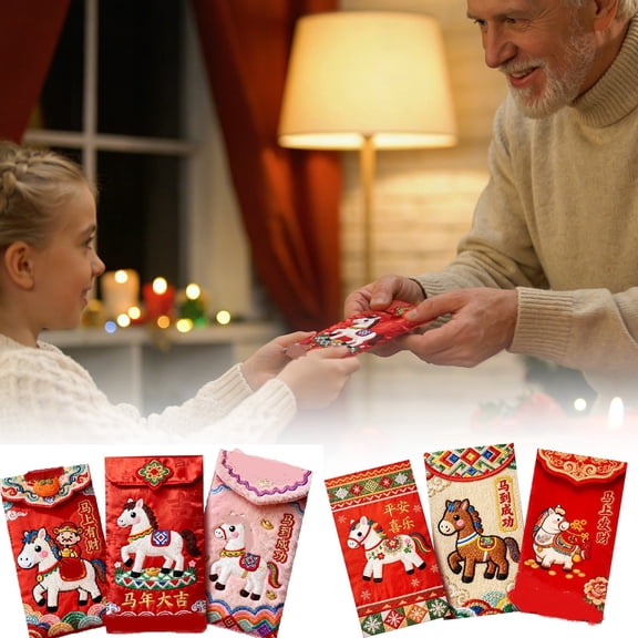 2026 Year of the Horse Three Hand Painted Red Envelope Set with Flat Embroidery Style, Chinese New Year Lucky Money Envelopes, 6 Pieces